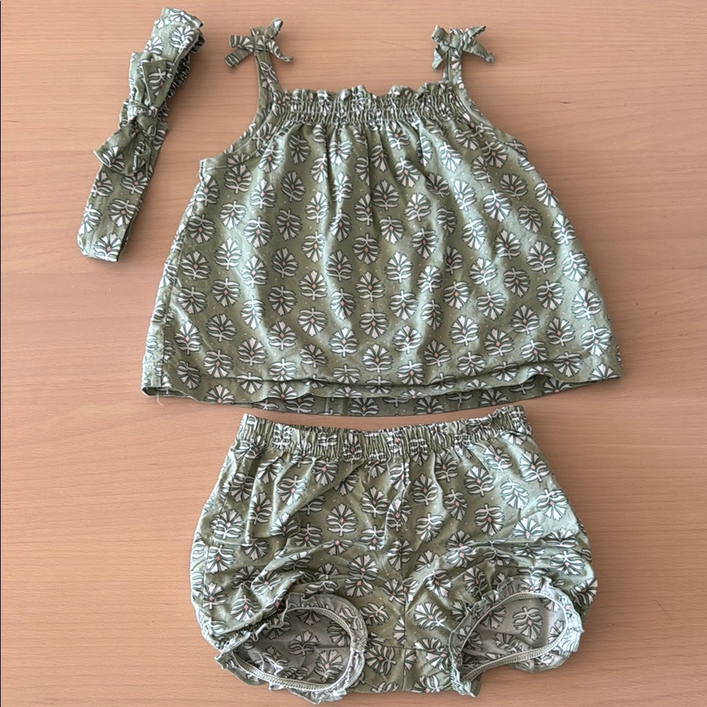 Green Floral Baby Outfit with Headband